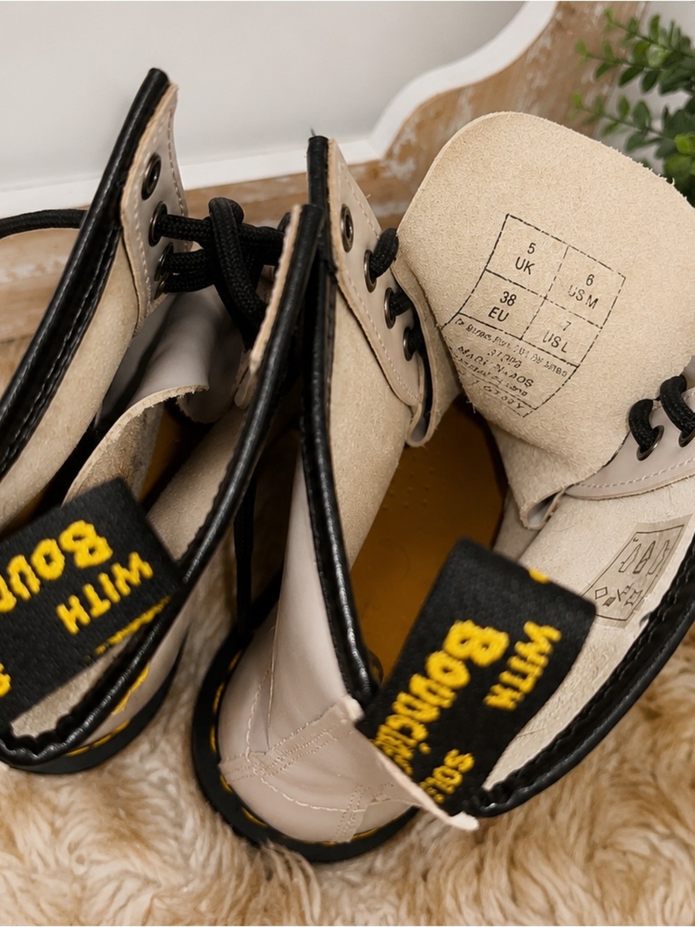 Dr. Martens Cream Lace-Up Combat Boots with Black Laces and Yellow Stitching - Picture 3 of 4